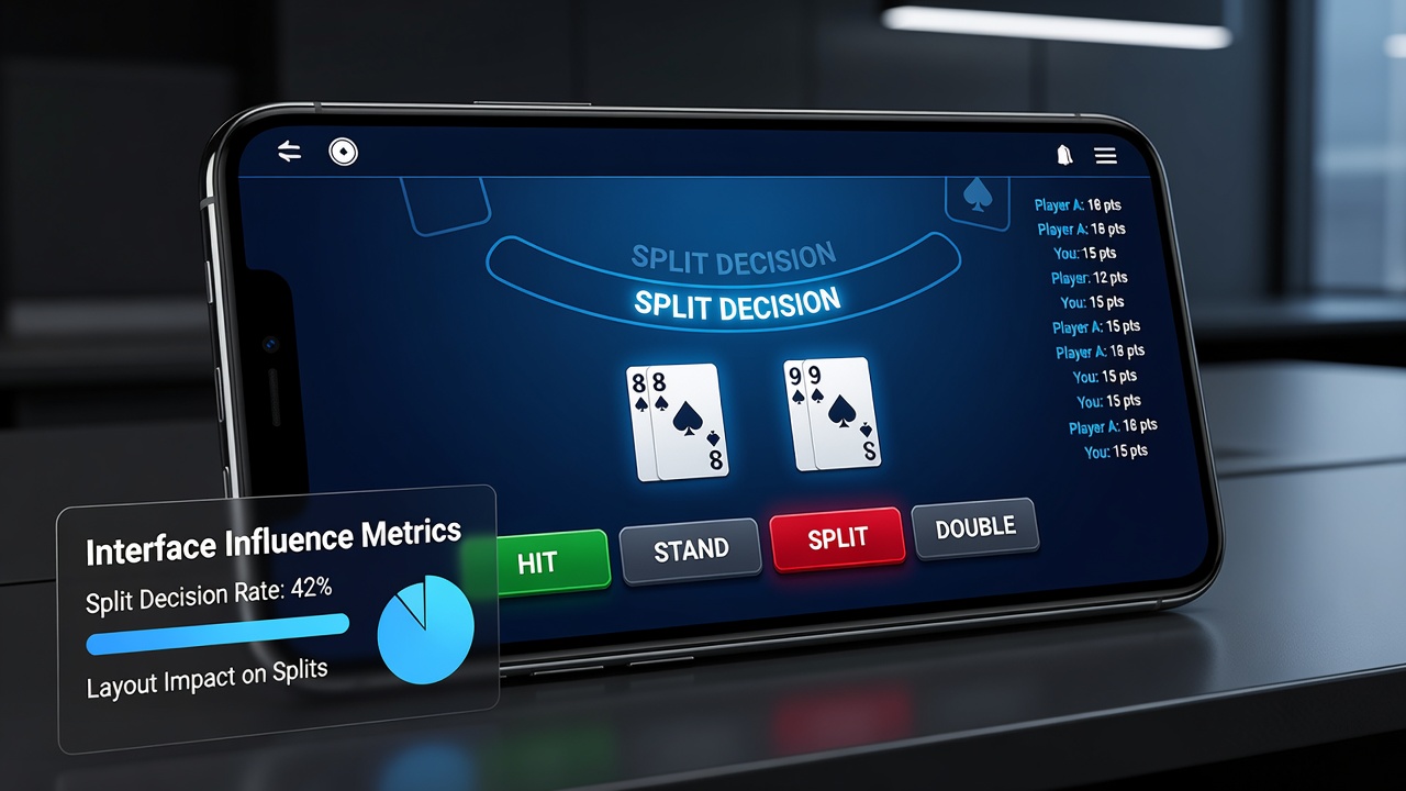Close-up view of a mobile blackjack interface highlighting split button positioning relative to card hands during tournament mode