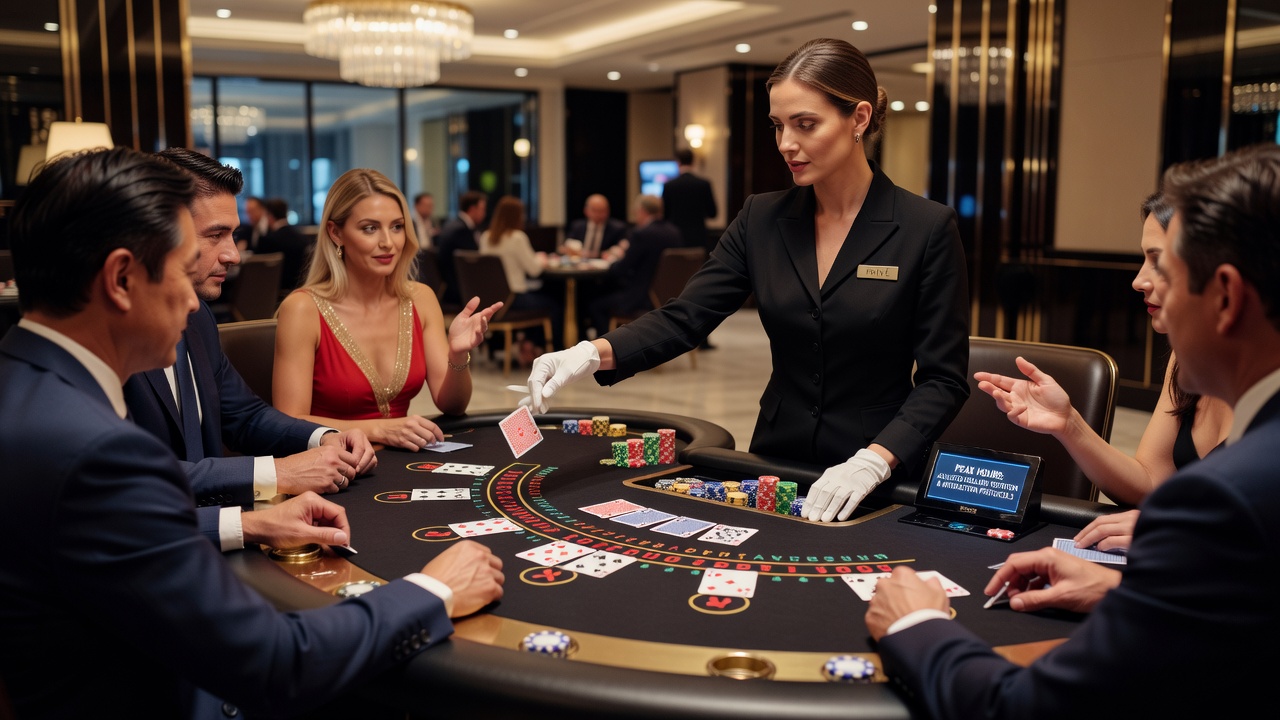 Close-up view of dealer managing multiple players at a Privé blackjack table during high-traffic evening hours